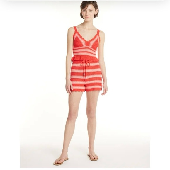 Madden NYC Red and White Striped crocheted 2 piece Romper - Picture 5 of 6